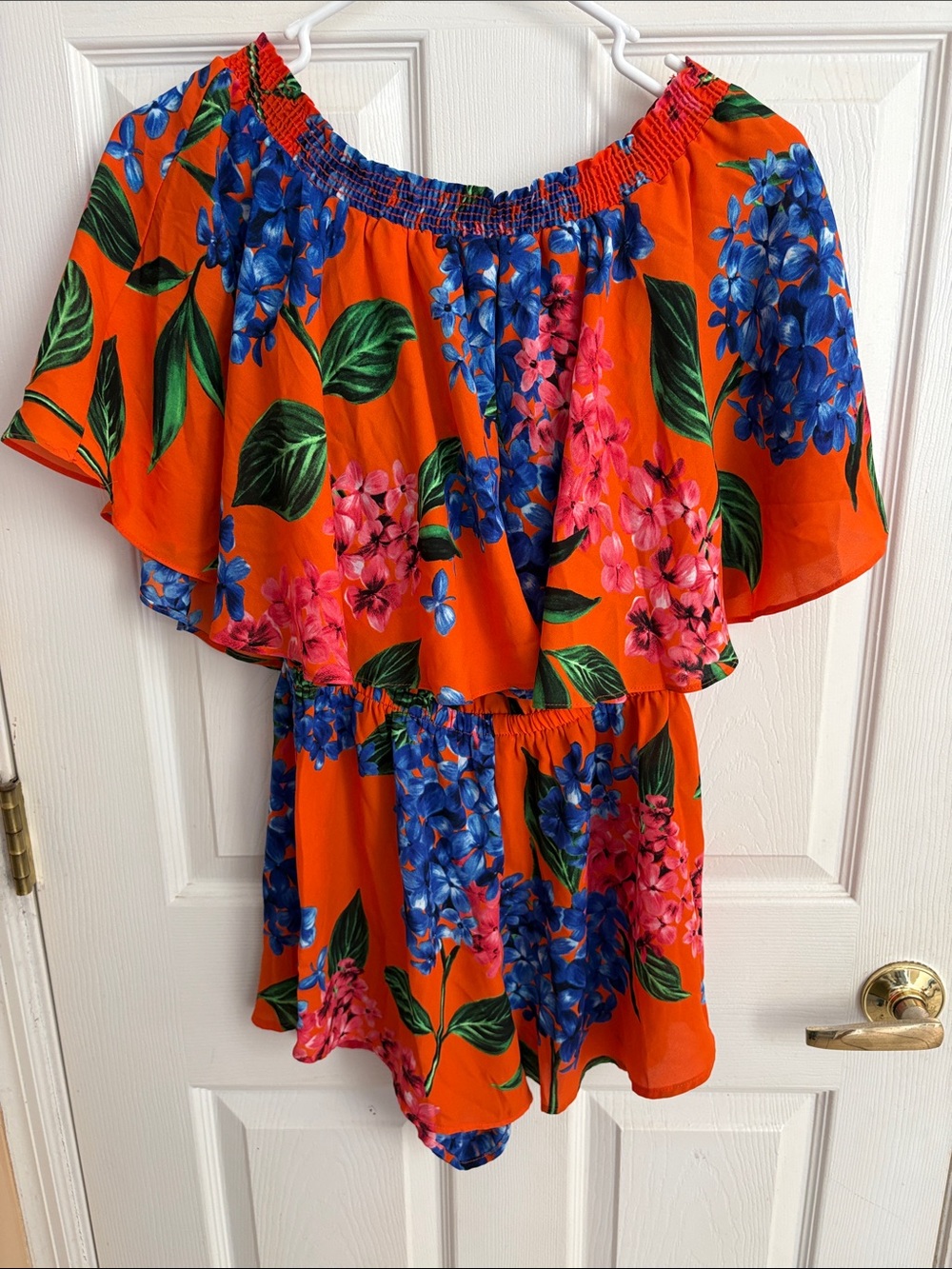 Show Me Your Mumu large romper Rosarita red orange blue green bold floral